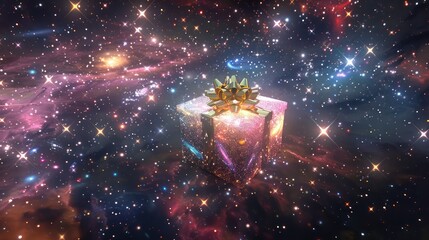 Wall Mural - A digital illustration of a gift box surrounded by stars and galaxies, representing the universal joy and connection found in the act of giving.
