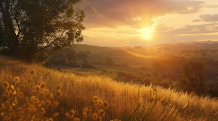 Wall Mural - Golden hour sunlight on peaceful countryside