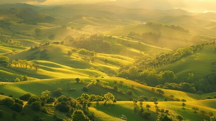 Golden hour sunlight on peaceful countryside