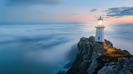 Wall Mural - A solitary lighthouse perched on a rocky outcrop, illuminating the surrounding ocean under a veil of soft clouds.