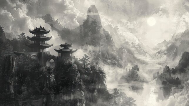 japanese temple with mountains, ink painting