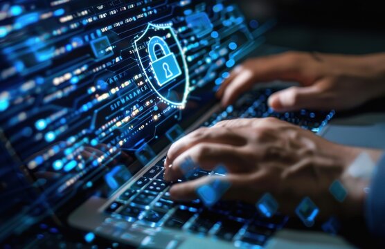 Digital shield and padlock icon: Cybersecurity on virtual screen.