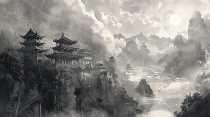 Wall Mural - Japanese temple with mountains, ink painting