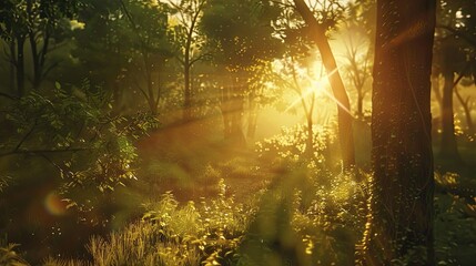 Wall Mural - Golden hour sunlight on peaceful countryside