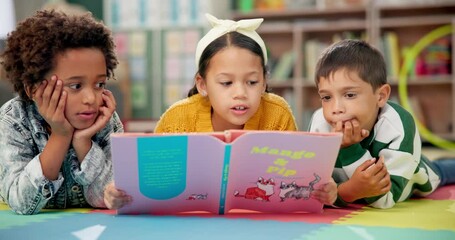 Canvas Print - Children, kindergarten and reading together in class, childhood development and growth for vocabulary in school. Listening, knowledge and information with storybook, learning and fantasy for friends