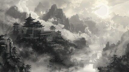 Wall Mural - Japanese temple with mountains, ink painting