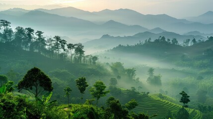 Wall Mural - Hazy mountain landscape in morning mist