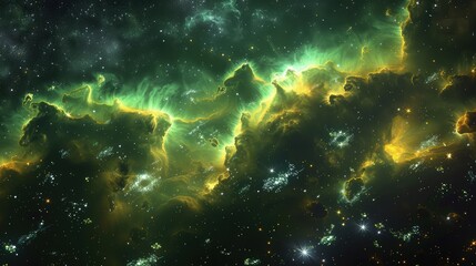 Wall Mural - A spectacular space galaxy scene showcasing glowing nebula clouds in radiant greens and yellows, with a starry night sky beyond.