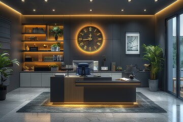Poster - A modern office with a large clock on the wall and a potted plant on the desk