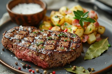 Wall Mural - A steak is served with potatoes and parsley