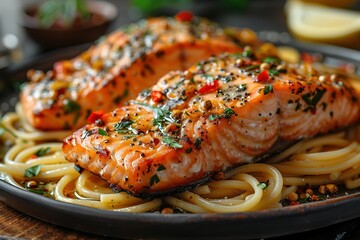 Wall Mural - A plate of pasta with two pieces of salmon on top