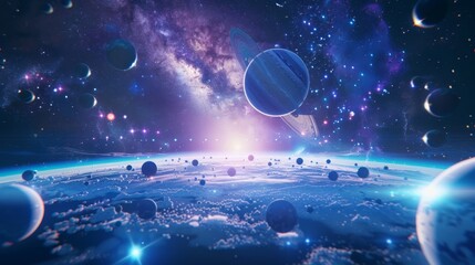 a vr ride that takes passengers on a journey through outer space zooming past planets and stars.