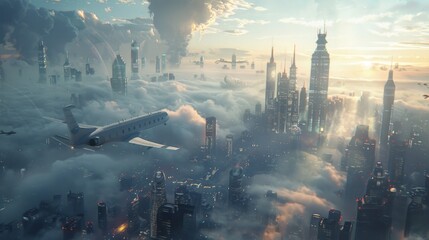 Wall Mural - Futuristic Cityscape: Airplane Flying Among Floating Skyscrapers with Air Pockets, High Resolution Urban Scene