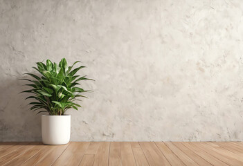 Wall Mural - interior wall background copy space with green plant and wooden floor