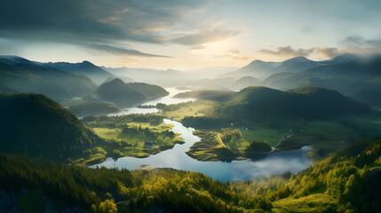 Morning landscape aerial view with green forest, mountains, lake, and sunrise sky, water and forest sustainability concept