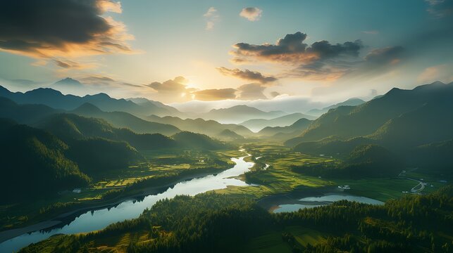 Morning landscape aerial view with green forest, mountains, lake, and sunrise sky, water and forest sustainability concept