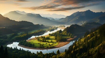 Canvas Print - Serene morning landscape with green mountains, lake, and sunrise sky, emphasizing the importance of water and forest sustainability