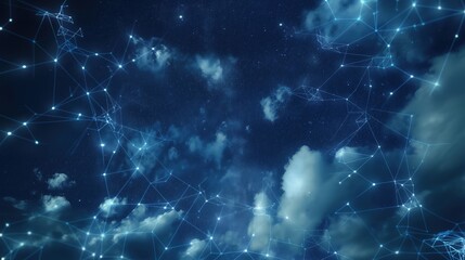 A night sky scene where instead of stars, there are points of light representing data nodes, connected by digital clouds that form a network across the heavens.