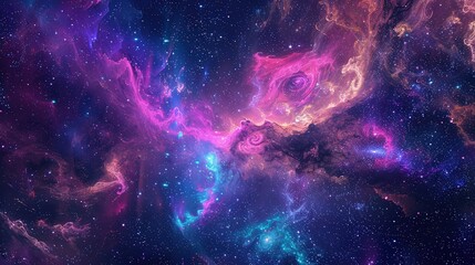 Wall Mural - A vibrant and colorful space galaxy filled with swirling nebula clouds and starry night skies, featuring radiant hues of purple, pink, and blue.