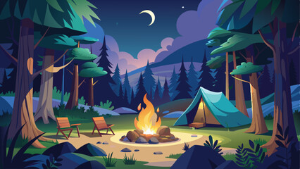 camping in the middle of the forest at night vector illustration