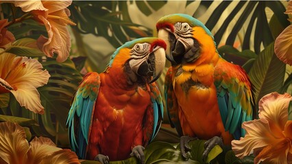  two vibrant macaws perched amidst lush foliage and exotic flowers