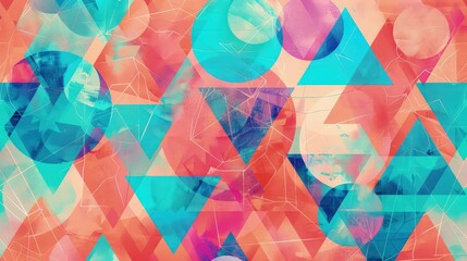 Wall Mural - A vibrant geometric abstract background showcasing bold patterns of triangles and circles in bright coral, turquoise, and lavender, providing a lively and creative visual.