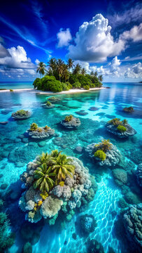 a coral atoll with hues of blue revealing marine