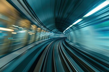 Abstract motion blur of a subway train speeding through an underground tunnel. Time Travel and metaverse technology concept.