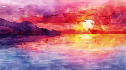 A vivid watercolor sunset painting illustration with warm coral and ruby hues blending into twilight purples over a tranquil bay.