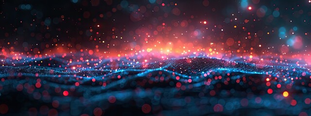 Wall Mural - Abstract Digital Landscape with Red and Blue Bokeh Lights in a Futuristic Conceptual Background