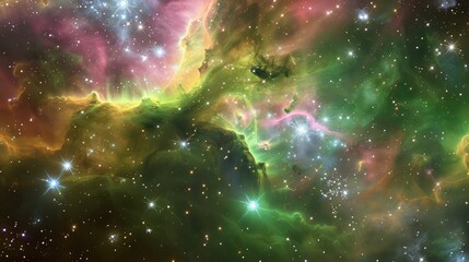 Wall Mural - A vivid view of swirling nebula clouds in radiant greens, pinks, and yellows, surrounded by shimmering stars in a distant space galaxy.