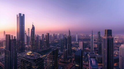 Wall Mural - A panoramic view of a modern city skyline at twilight, with lights beginning to twinkle in the buildings. 