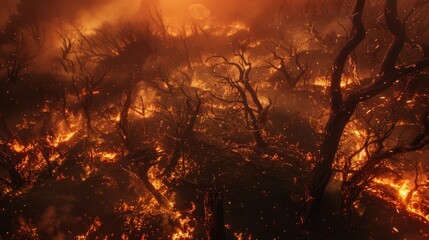 Wall Mural - trees crack and creak as they succumb to the intense heat collapsing in a fiery heap.