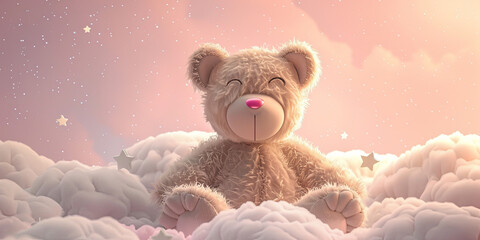 Wall Mural - cute teddy bear sitting on white clouds with a pink sky background, generative AI