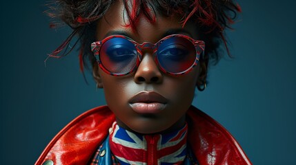 Wall Mural - Fashion model - fashion inspired by British flag - Union Jack - stylish - African-American - sunglasses - blue background - England 