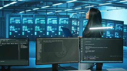 Poster - system admin working in computer network security data center, ensuring optimal performance. worker 