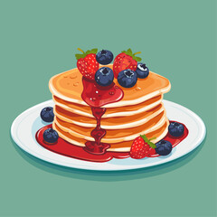 Wall Mural - stack of fluffy pancakes drizzled with maple syrup and topped with blueberries and raspberries