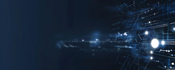 Poster - An abstract futuristic technology background with digital circuits and holographic elements on a black and blue background, with space for text
