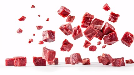 Wall Mural - Falling meat, beef, cube, isolated on white background