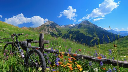 Wall Mural - A picturesque mountain view with two bicycles resting against a wooden fence, surrounded by wildflowers and a clear blue sky.