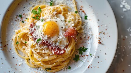 Sticker - Pasta Carbonara with parmesan and yolk served on a white plate in a restaurant or cafe from a top angle