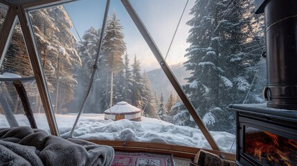 A picturesque winter camping scene featuring a yurt with a clear dome top, through which snow is visibly settling on the trees. Inside, a cozy setting with a wood stove and plush blankets is visible. 