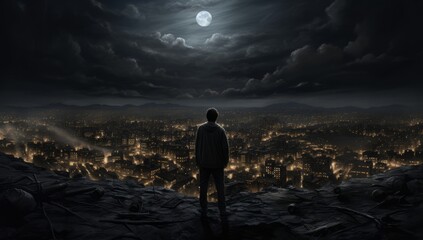 Wall Mural - City Dreams Watching the Moon Amidst Atmospheric Clouds and Urban Views.
