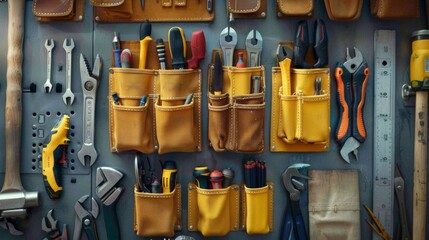 Wall Mural - A view from above of a workers tool belt neatly arranged with a variety of tools.