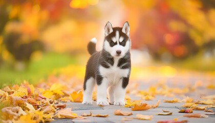 Wall Mural - a black and white husky puppy standing on a path, autumn , bokeh,sibérien, chien, husky, animal, animal de compagnie, portrait, blanc, race, canidae, animal, 