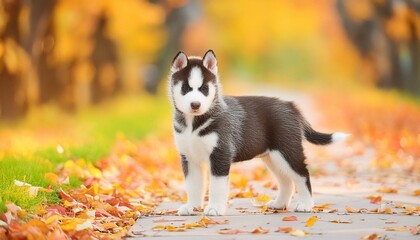 Wall Mural - a black and white husky puppy standing on a path, autumn , bokeh,sibérien, chien, husky, animal, animal de compagnie, portrait, blanc, race, canidae, animal, 