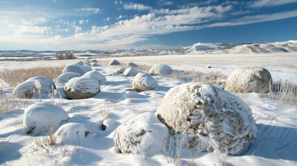 Wall Mural - white boulders tered across a snowy field each one perfectly round and created by mother nature.