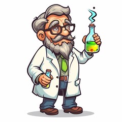 cartoon Professor mascot holding chemical liquid bottle