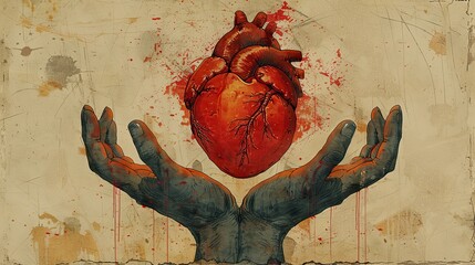 Poster - A conceptual drawing of a heart shielded by hands, representing care. stock image