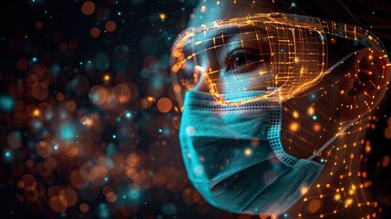 Poster - an abstract depiction of a person wearing a mask and shield, symbolizing health safety. stock image